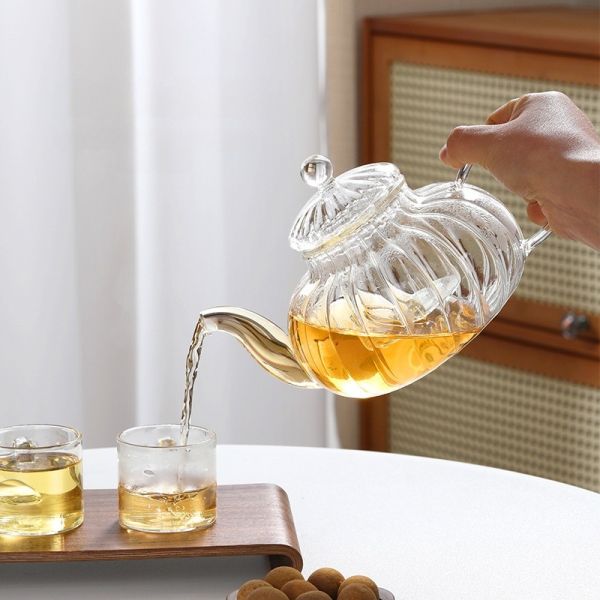 OEM 600ml 20oz Pumpkin Ribbed Glass Teapot Heat Resistant Coffee Pot Stovetop Safe