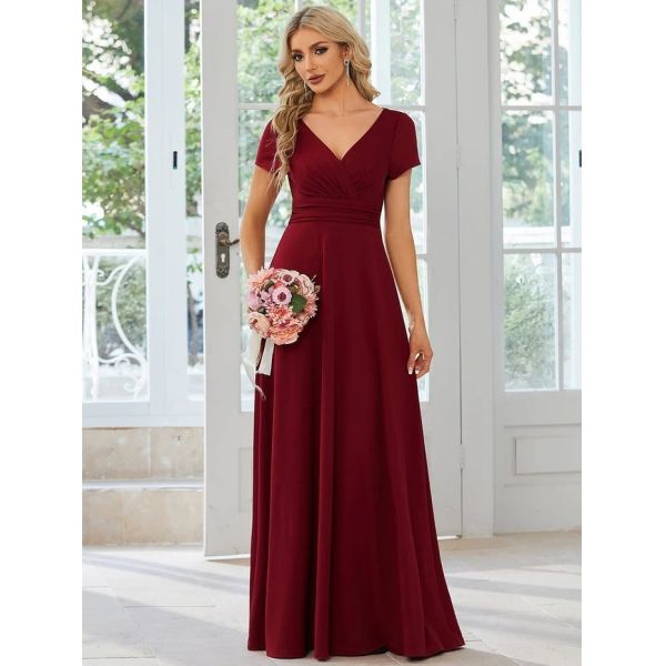 Sexy Custom Size V-neck Simple Pleated Empire Waist A-line Short Sleeve Dusty Rose Satin Evening Dress