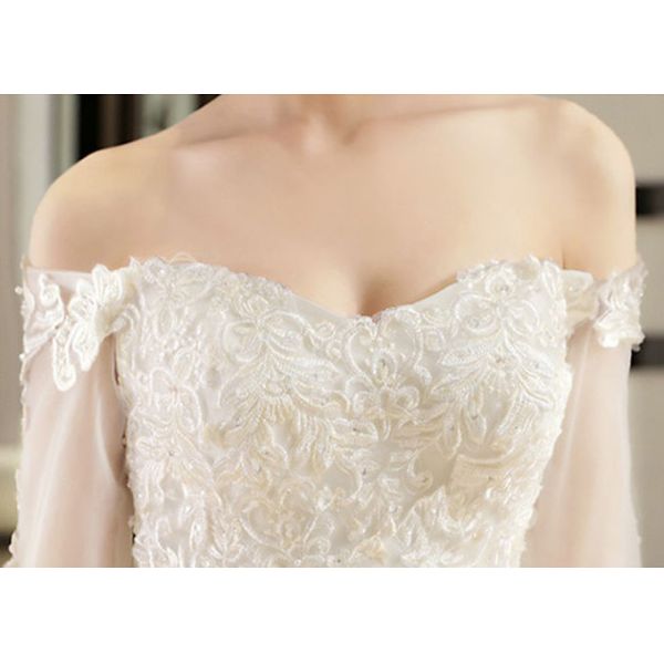 Half Sleeve Ivory Lace Mermaid Wedding Dress Beading Off Shoulder Back Bandage