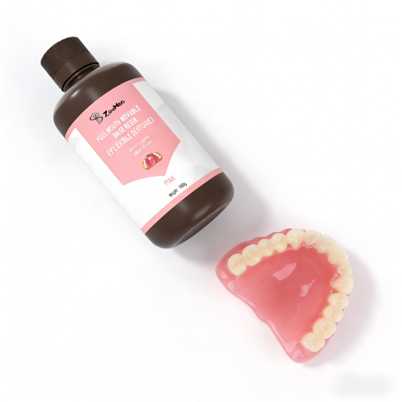 Liquid form 3D printed denture resin Shore D 88 hardness designed for professional dental labs producing custom dentures