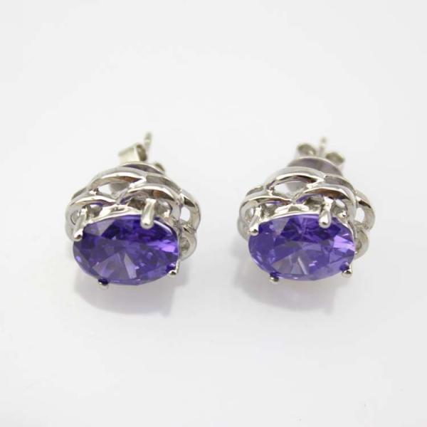 925 Silver Jewelry 8mmx10mm Oval Purple Cubic Zircon Earrings(PSJ0432)