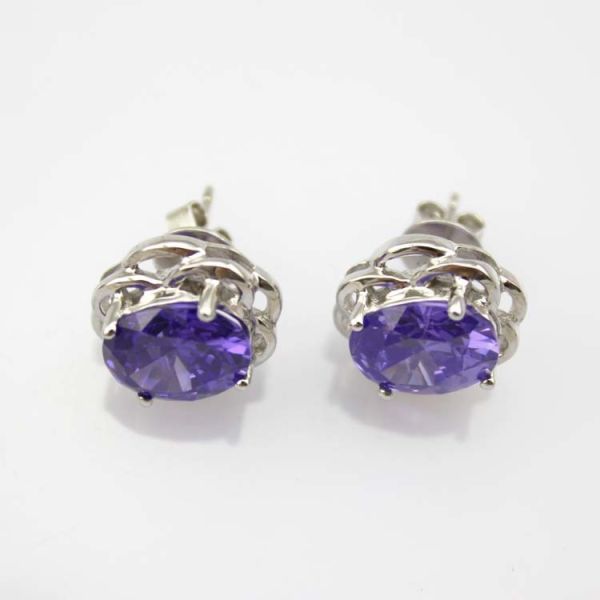 925 Silver Jewelry 8mmx10mm Oval Purple Cubic Zircon Earrings(PSJ0432)