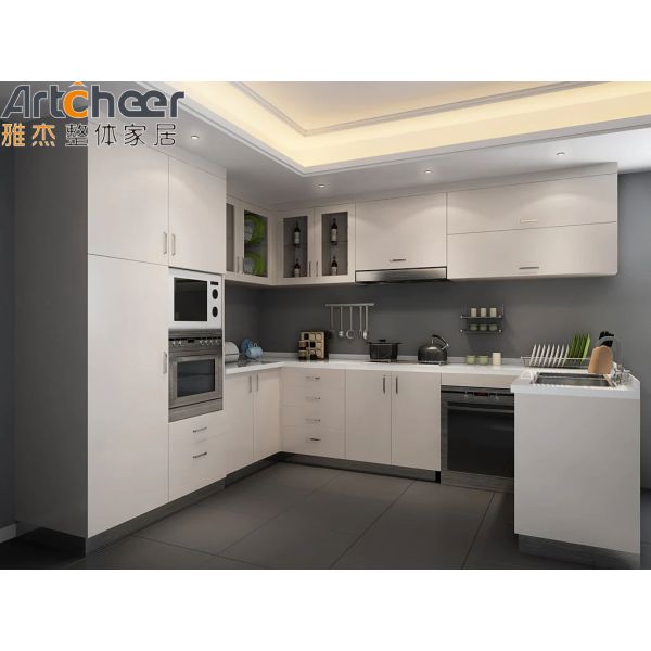 Italian Design L Shape Kitchen Cabinet with PVC Door Finish and Smart Functions