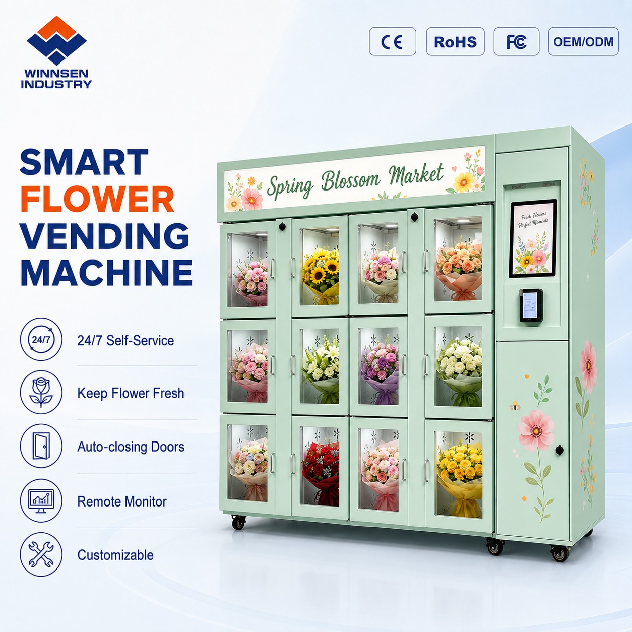 Refrigerated Fresh Flower Vending Machine with 15.6-inch Touchscreen and Remote Monitoring for Supermarkets