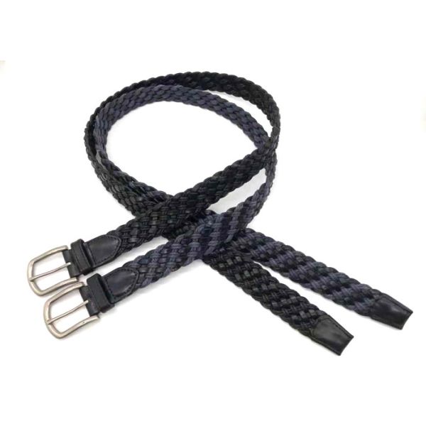 Woven Cotton & Leather Stretch Mens Belt, Black/Blue, 35MM Wide