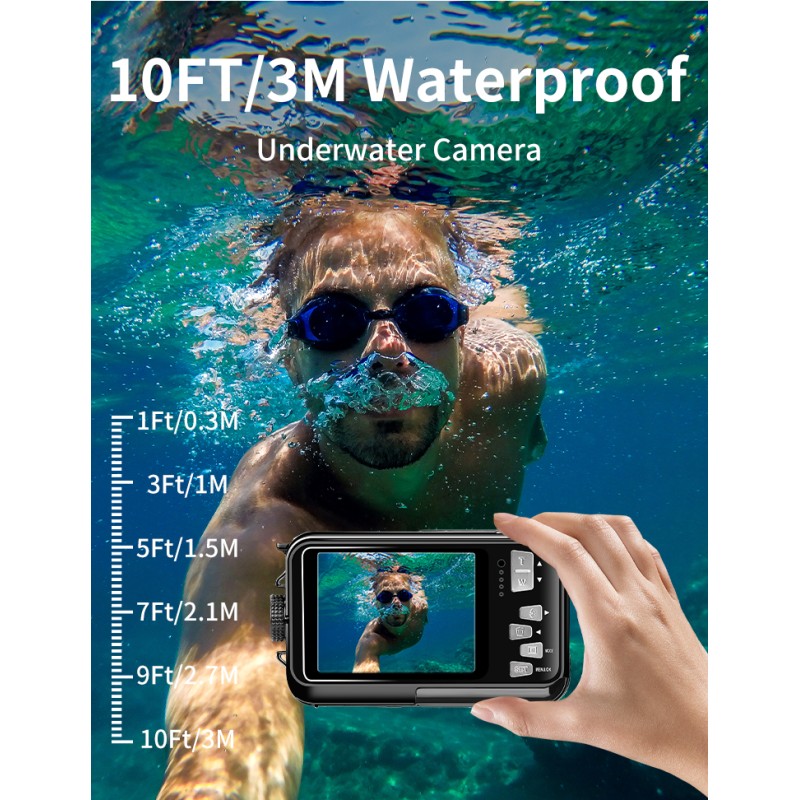 4K 56MP HD Waterproof Camera 2.7'' Screen 10FT 3M Underwater Swimming Camera 16X Digital Zoom Camera for Snorkeling and  Diving