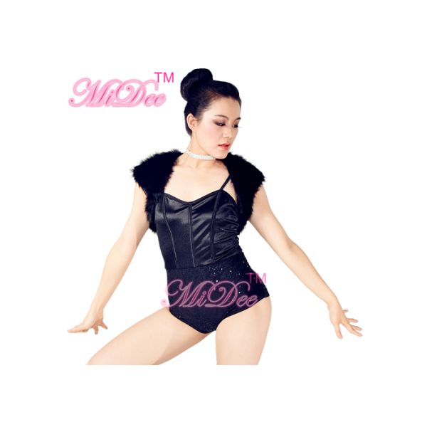 Cap Sleeves jazz dance outfits Black Swan Leotard Fur Mini Jacket For Women