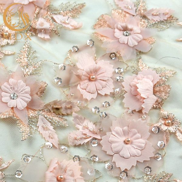 French 3D Flower Lace Fabric Beaded Handmade 1 Yard Pink Lace Cloth