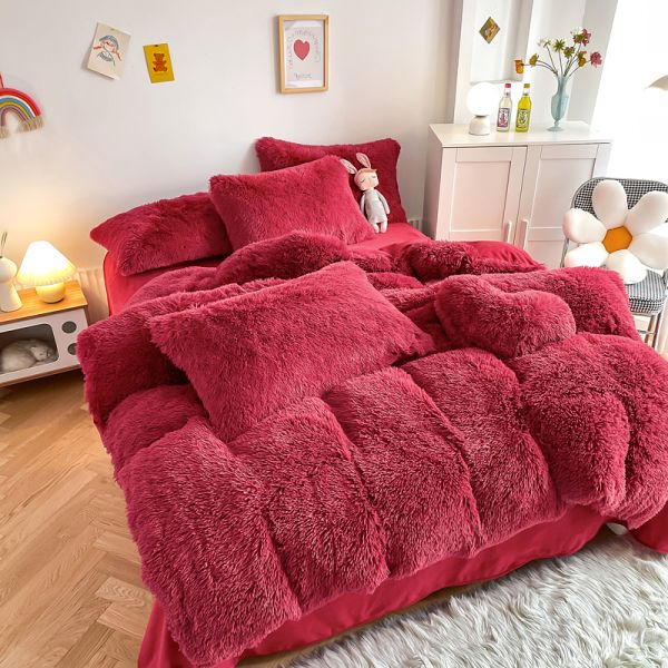 Ins Red Color Warm Mink Velvet Crystal Bedding Set for Winter Bed Linen Quilt Cover