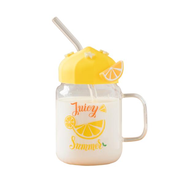Summer Transparent Fruit High-temperature Glass Cup Cute Large-capacity Covered Straw Student Girls' Milk Breakfast Cup