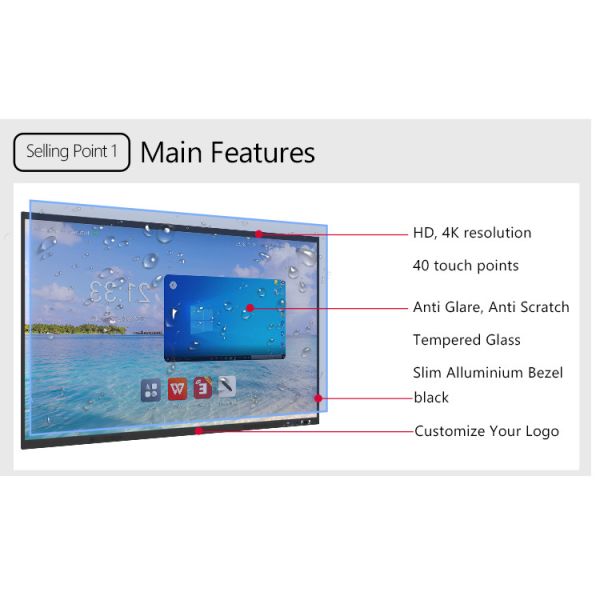 65 Inch Android 14 Interactive Smart Whiteboard with 4K Screen and Infrared Touch Frame