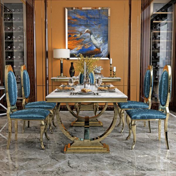 Rose Gold Luxury Dining Table And Chairs 6 Seats Stainless Steel Chair Marble