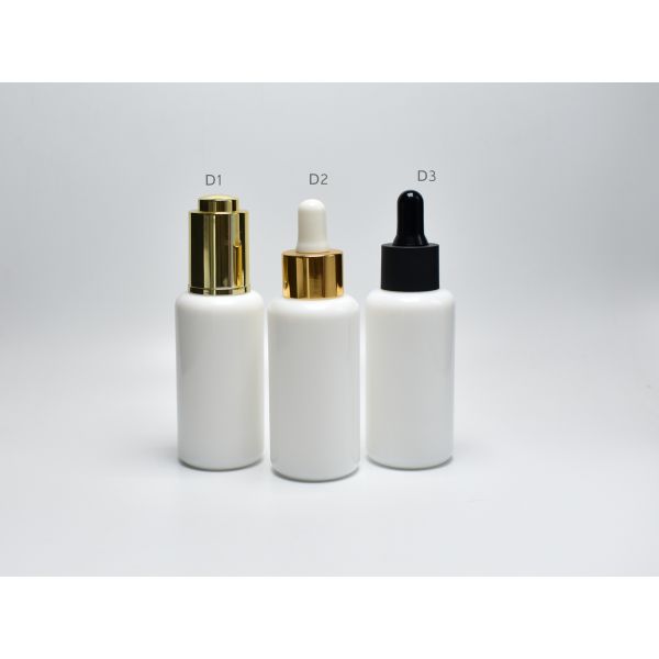Sustainable 40ml Boston Round Opal White Glass Bottles With Dropper Cap, Opal Glass Luxury Medical Skincare Packaging
