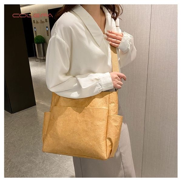 DuPont/Tyvek Paper Tote Bag Washable Wrinkle-Resistant Tear-Proof Paper Bag Trendy Vintage Eco-Friendly Handheld Shoulder Bag