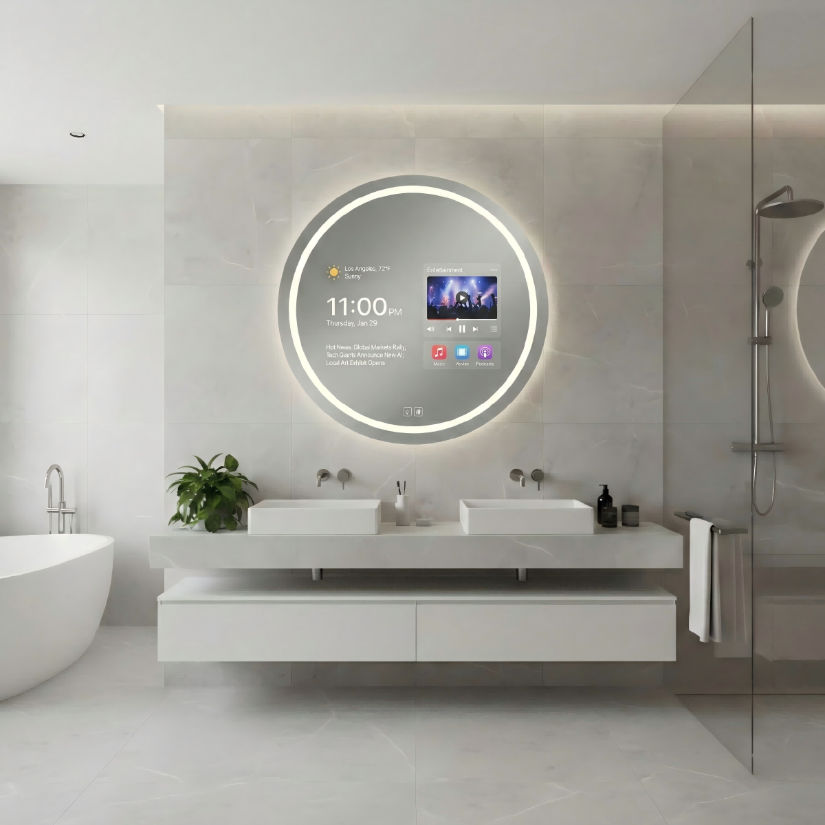 Kingstin Smart Series: Frameless Round Smart Mirror with Integrated Android System & Anti-Fog Technology