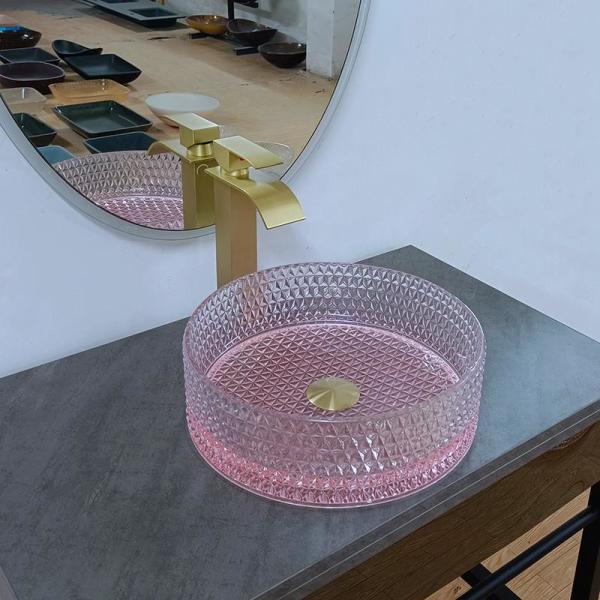 Pink Bottom Round Glass Sink Bowl Bathroom 15 Inch Height 15.8 Inch