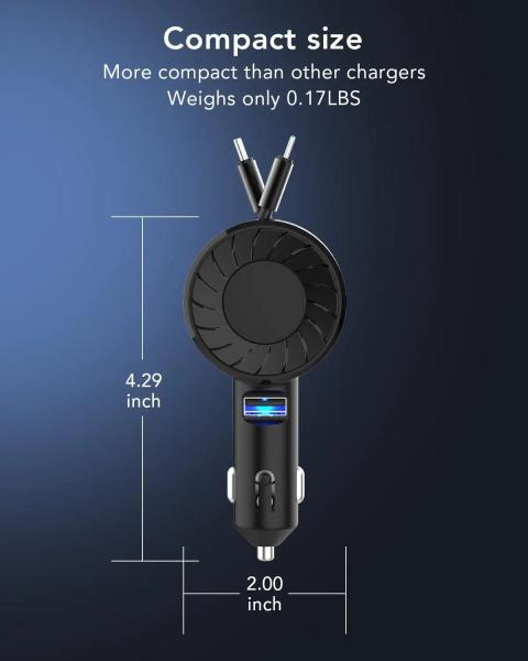 Carregador de carro retrátil, carregador de carro USB super rápido, cabos de carregamento duplos retráteis (31,5 polegadas) e carregador de carro USB