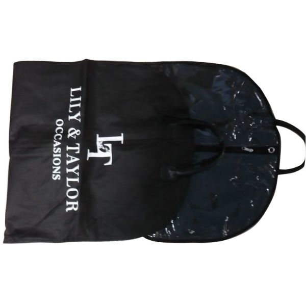 Raque Black 75g Unwoven Fabric PVC Cover Suit Garment Bag With Leather Handle, White Logo