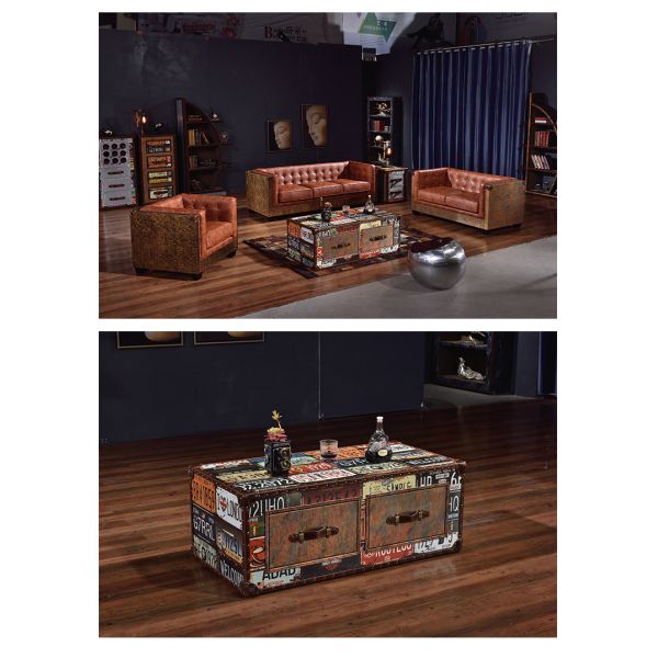Nidea #8653 Handcrafted Durable Multi-purpose Vintage Wood Living Room Cabinet Retro License Plate Design Featuring Two Drawers