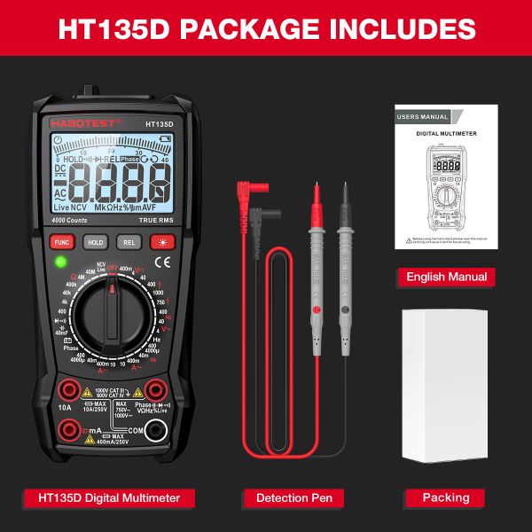 HABOTEST HT135 Digital Multimeter 1000V 10A 4000 Counts AC/DC Transistor Tester Electrical NCV Test Meter Profesional Multimetr