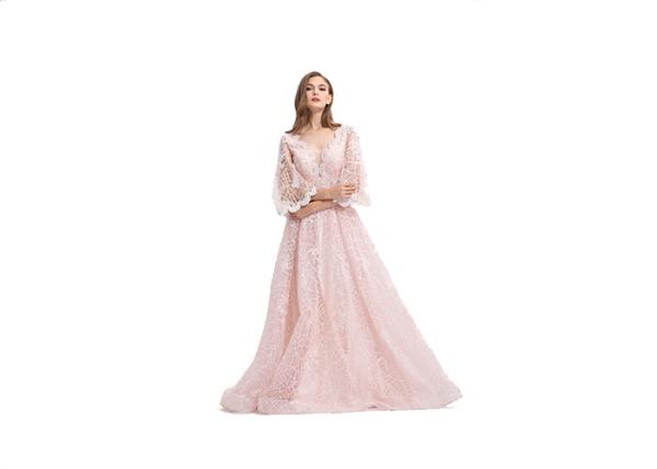 Custom Made Pink Half Sleeve Evening Gown With Hollow - Carved Design