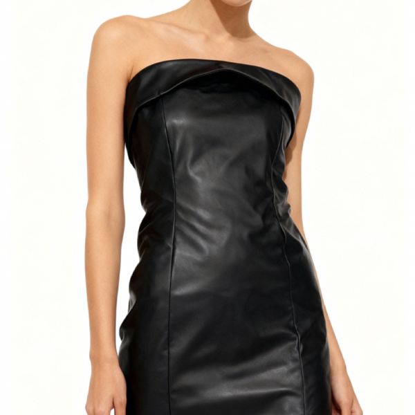 Edgy Faux Leather Strapless Mini Dress - Bodycon Fit & Side Slit for Night Out Style (Brown / Black)