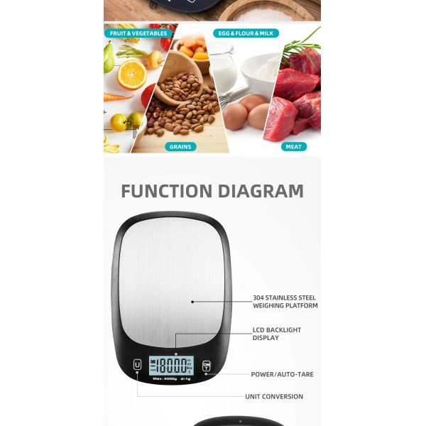 5KG Maximum Weight Recommendation Nutritional Scale Accurate Kitchen Scales Waterproof Digital Kitchen Weighing Scale