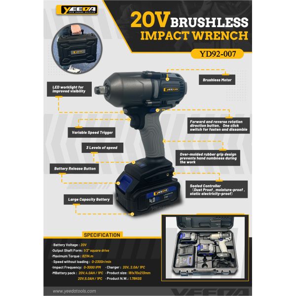 20V Brushless Impact Wrench (821N.m): High Torque for Auto/Construction/Home Use