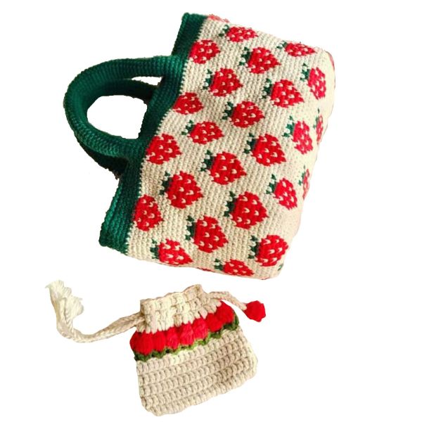 White Woven Cotton Bag , Strawberry Womens Crochet Handbags 32cm×25cm