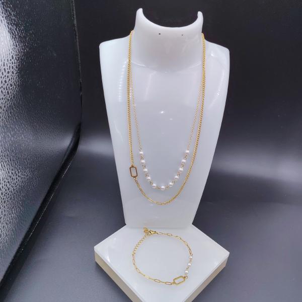 New Arrival Trendy Pearl Double Lines  Newest Gold Color Stainless Steel  Earring ,Necklace , Bracelet Sets  For Lady