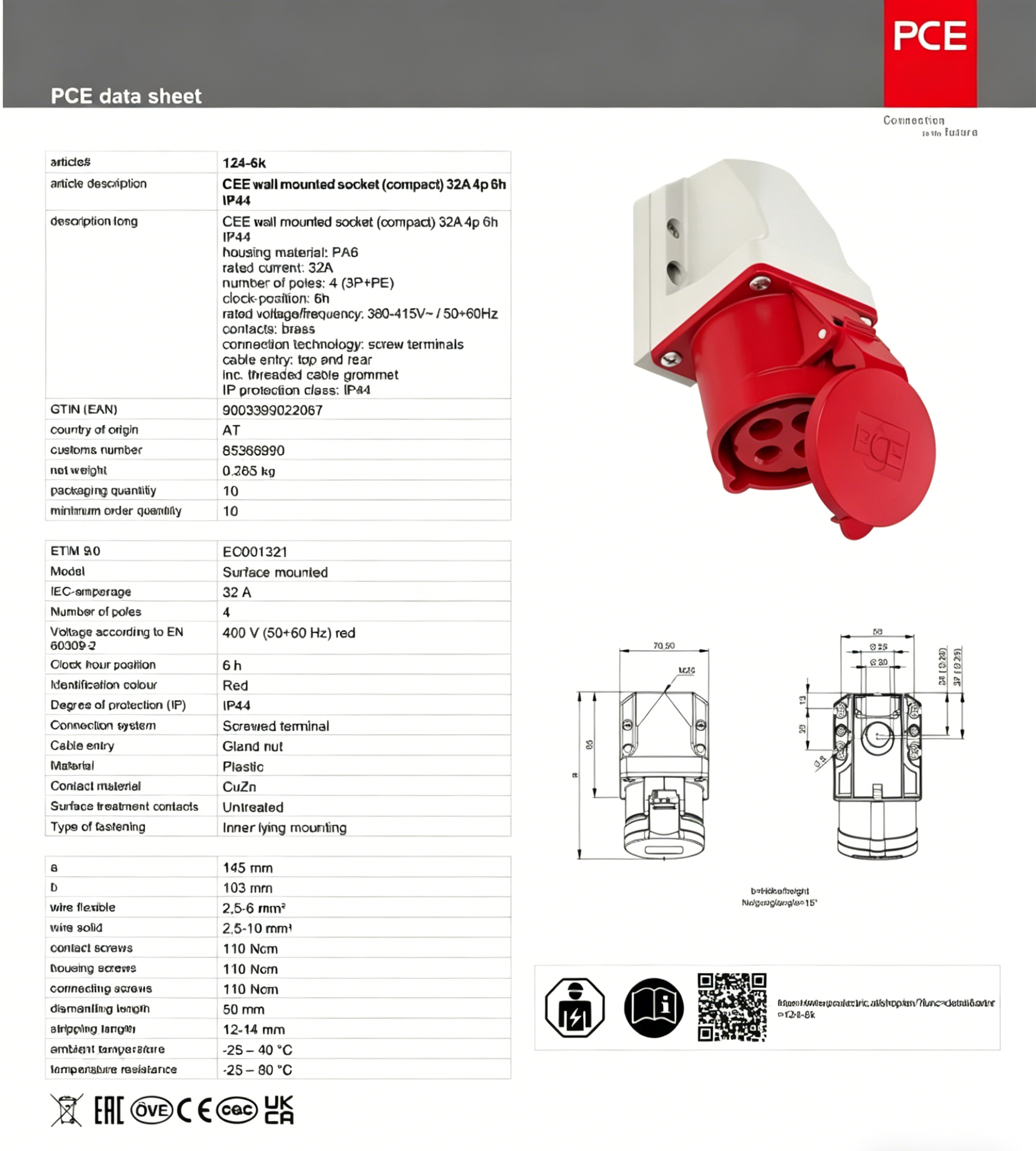 Austrian PCE Industrial Plug Surface-Mounted Socket Three-Phase Four-Wire Equipment 380V-32A-4-Pin-IP44-124