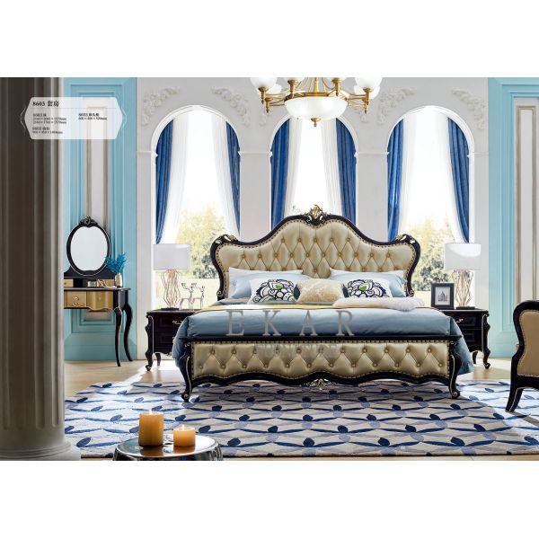 Luxury Black Painting Wooden King Frame Carved Design Antique Bed