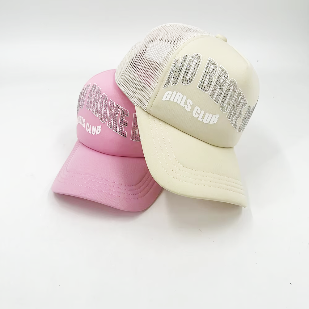 Rhinestone Mesh 5 Panel Trucker Cap Curved Brim For Sport Snapback Cap