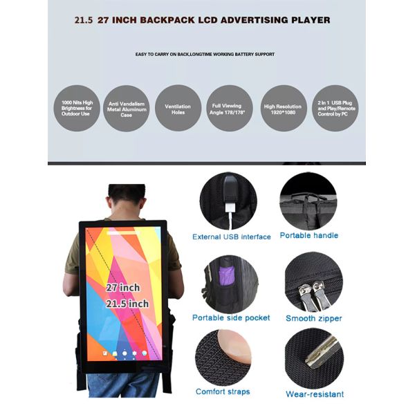 27 pouces sac à dos de 21,5 pouces avec l'éclat extérieur HD de batterie de joueur de la publicité d'affichage à cristaux liquides d'écran d'affichage à cristaux liquides 50000 heures