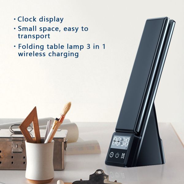 Office Household Wireless Charging Table Lamp with 15W Output Power and Digital Display Alarm Clock Multifunctional