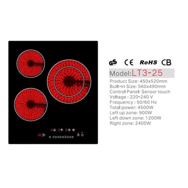 Crystal Glass 450x520mm 4500w 3 Burner Electric Cooktop