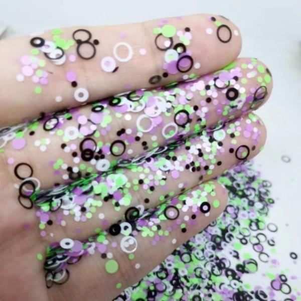 Customized Color Resin Glitter Glitter White Open Circle Black Open Circle Neon Green Round and Neon Purple Round Mixes