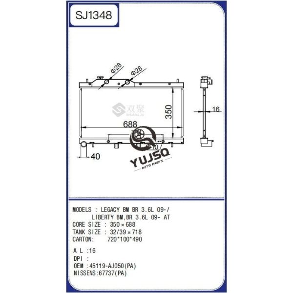 Aluminum Core Radiator for Subaru Legacy 3.6L 2009-2009 OEM 45119-AJ050