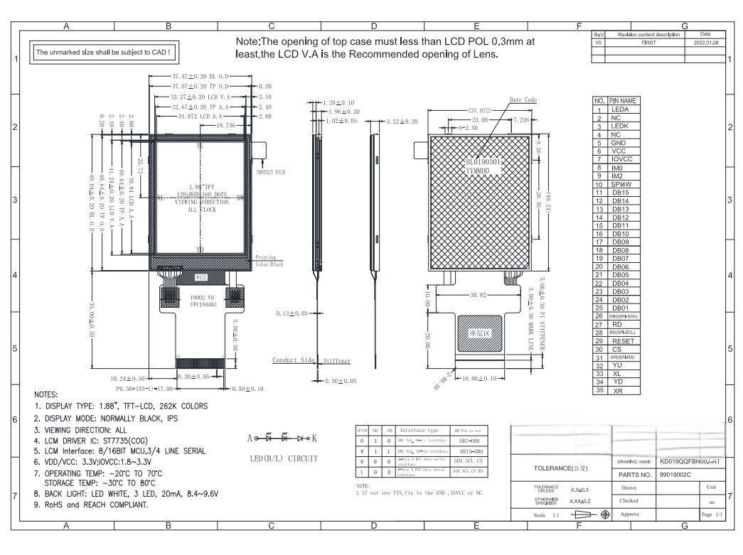 2.0‑inch 128×160, 8/16‑bit MCU + 3/4‑wire SPI interface TFT color LCD screen with resistive touch
