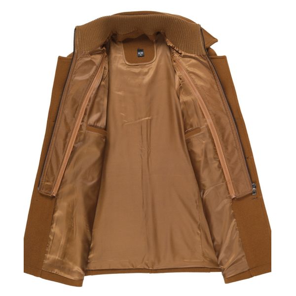 Double-layer Collar Men's Woolen Coat with Woven Woolen Fabric and Vintage Decoration