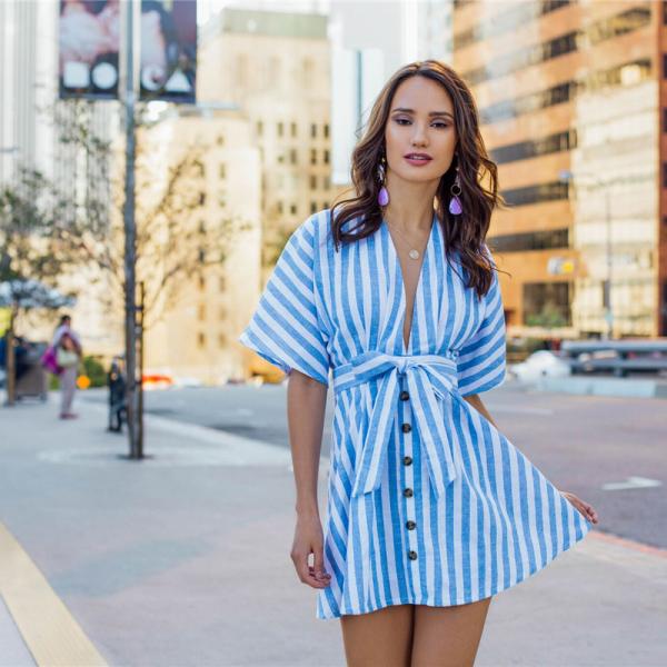 Women Sweet V Neck Tied Open Back Striped Dress With Tassel