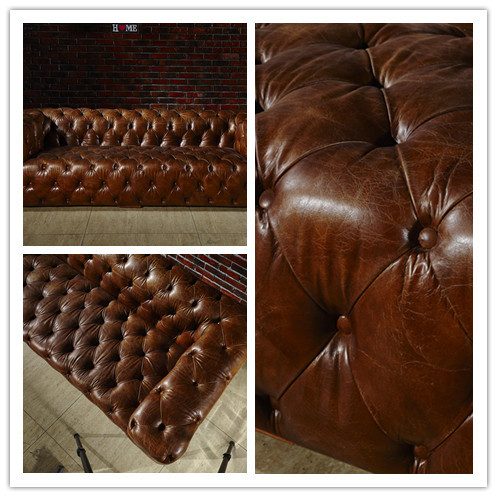 Luguxry Vintage Brown Genuine Leather Couches Sofa Set With Aluminium Sheet