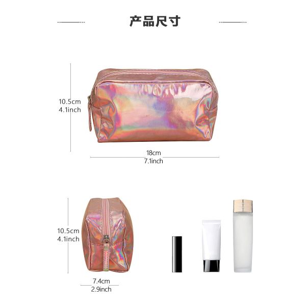 PU Cosmetic Bag Custom Logo Holographic Silver Purple Waterproof Zipper Pouch Rose Gold Makeup Bag Fashion
