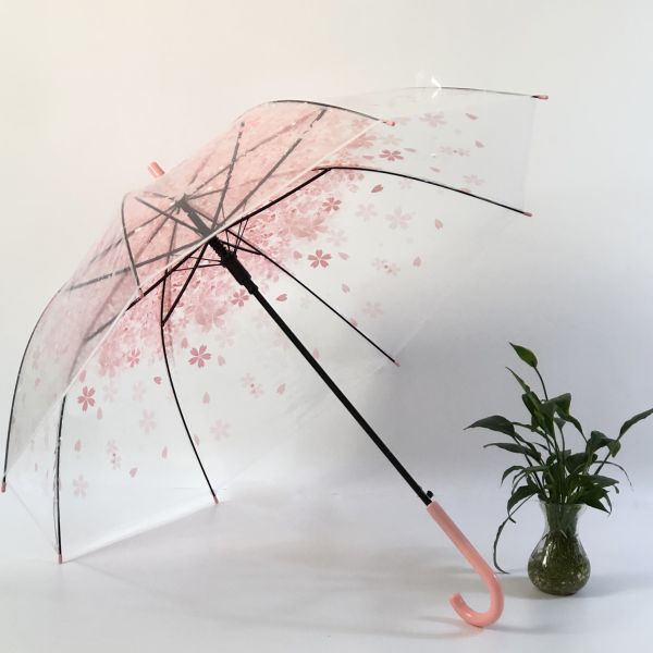 Plastic J Handle Customized Professional POE Clear Compact Sakura Umbrella for Travel