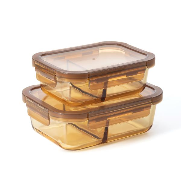 Divided Glass Container Glass Compartment Containers Amber Color With 4 Lock PP Lid