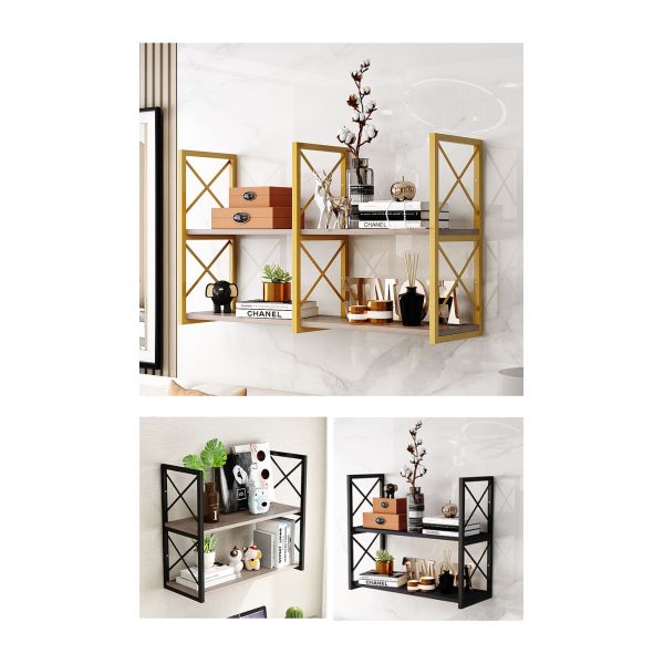 2 Tiers Golden Wooden Floating Wall Mount Shelves for Bedroom Moon Nordic Wall Shelf