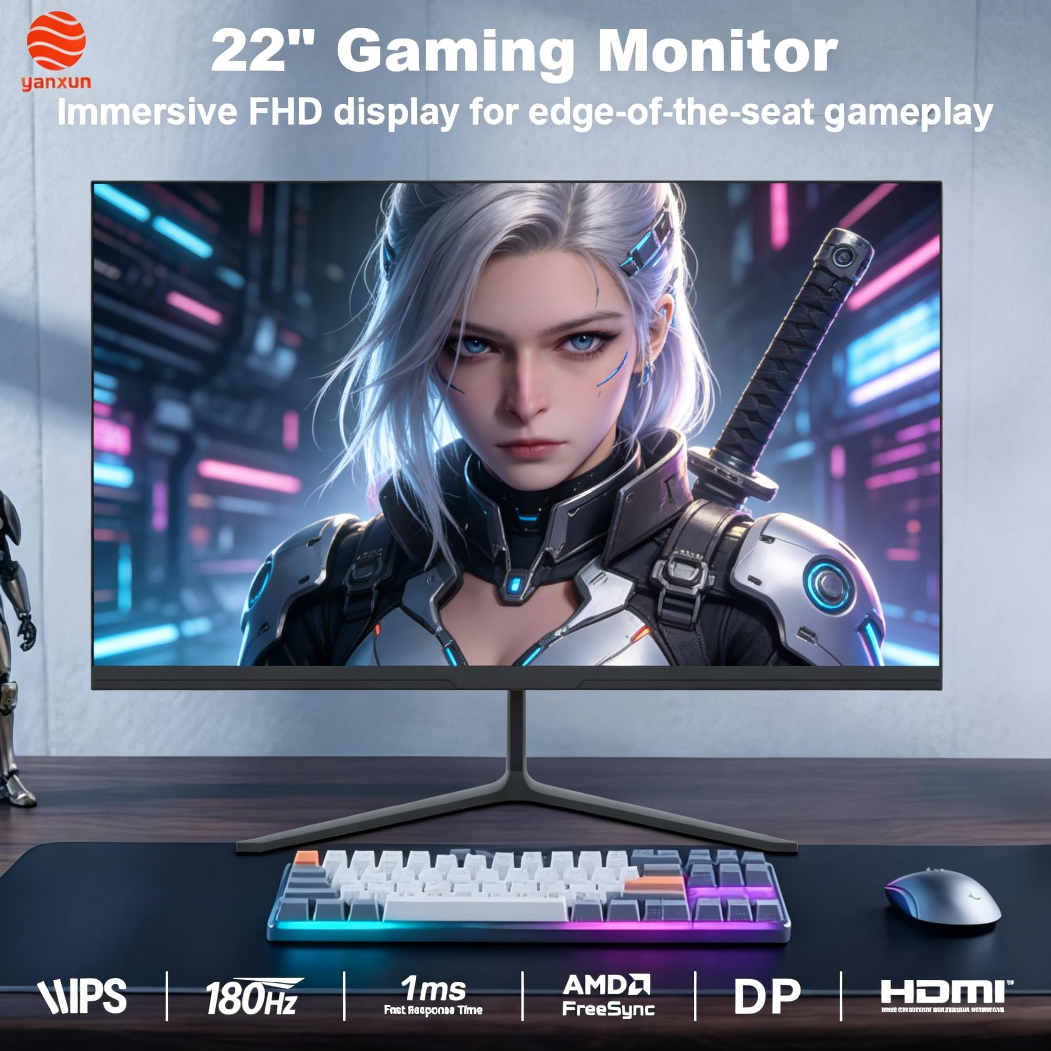 22 Inch 180Hz Gaming Monitor Black, QHD/UHD High Resolution, HDMI & DisplayPort for PC/Console Gaming, Flicker-Free