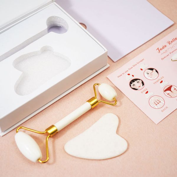 Skin Care Tool Natural White Jade Stone Gua Sha Scraping Board Guasha Face Roller Gift Box Set for Body Muscles Massage