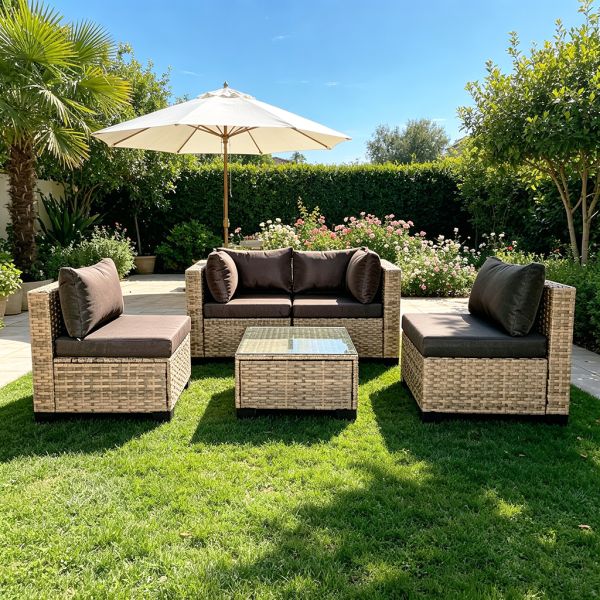 Wholesale Sectional Sofa Garden Corner Set Factory Hot Sale Customizable 5 Pieces Outdoor Rattan Sofa Brown