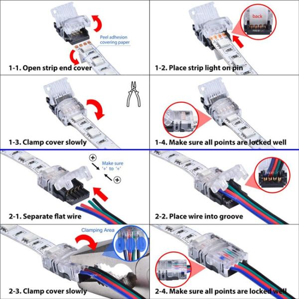 5v 12v 24v 4 Pin Led Strip Connector Solder Free For 8mm 10mm Rgb Strip Lights